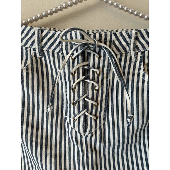 Pacsun Size 26 Blue White Railroad  Stripe Denim Lace Up Front Mini Skirt - Picture 2 of 5